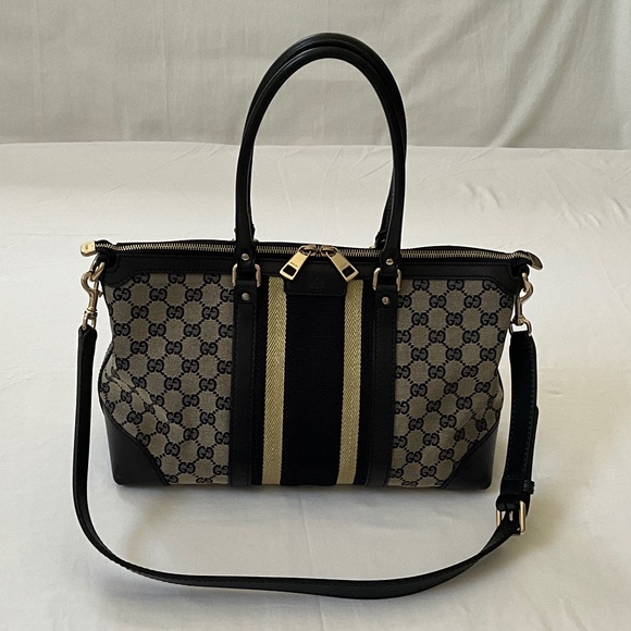 GUCCI Vintage GG Monogram Canvas Sherry Line Satchel Tote Blue - Picture 1 of 16